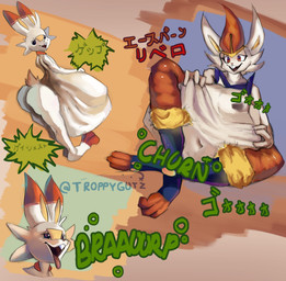 abstract_background ambiguous_gender ambiguous_prey anthro anthro_pred belly big_belly burping churn dialogue femboy_pred fur male male_pred navel open_mouth solo text tongue tongue_out unseen_prey vore white_body white_ears white_fur troppygutz nintendo pokemon cinderace generation_8_pokemon pokemon_(species) scorbunny hi_res japanese_text