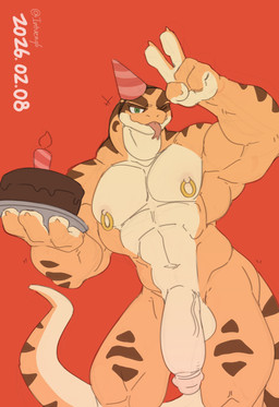 abs anthro balls biceps big_penis birthday cake clothing dessert food forked_tongue genitals gesture glans green_eyes hand_gesture hat headgear headwear huge_penis looking_at_viewer male muscular muscular_anthro muscular_male nipple_piercing nipples nude one_eye_closed orange_body party_hat pecs penis piercing ring_piercing solo striped_body stripes tail tongue tongue_out v_sign wink winking_at_viewer intven96 vexton legged_snake reptile scalie snake 2026 absurd_res hi_res