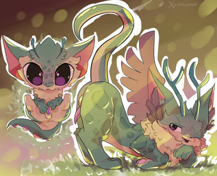 antlers balls blush chest_tuft feral fur genitals grass green_body horn male multicolored_body multicolored_fur nude plant purple_body solo tail tuft two_tone_body two_tone_fur wings godforgiveme4 siames alien absurd_res hi_res watermark