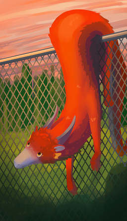 2_horns ambiguous_gender blue_body blue_fur feathers fence feral forest forest_background fur grey_body grey_fur horn long_body looking_up nature nature_background orange_body orange_feathers outside plant stuck sunset tree yellow_eyes shufflefur mythology shuff_(shufflefur) dragon mythological_creature mythological_scalie scalie absurd_res hi_res