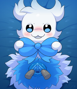 anthro bedding blue_body blue_fur blue_vulva blush clitoris disembodied_finger duo female female_focus first_person_view fluffy fur genitals half-closed_eyes looking_at_viewer narrowed_eyes neck_bow open_mouth snout solo_focus spread_vulva spreading urethra vulva white_body white_fur slimefur ghost spirit 2019 hi_res