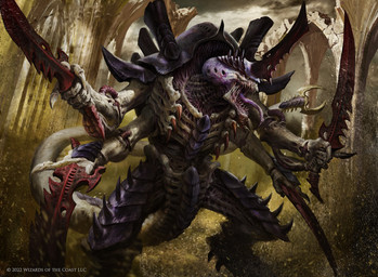 anthro cheek_window claws cloud exoskeleton holding_melee_weapon holding_object holding_sword holding_weapon horn looking_aside male melee_weapon multi_arm multi_limb open_mouth outside purple_body purple_exoskeleton ruins sharp_teeth solo standing sword tail teeth tongue tongue_out weapon manzanedo hasbro magic:_the_gathering warhammer_(franchise) warhammer_40000 wizards_of_the_coast swarmlord tyranid 2022 digital_media_(artwork) official_art