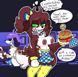 annoyed anthro apron apron_only areola big_breasts black_eyes black_nose bow_tie breasts brown_areola brown_body brown_fur brown_hair brown_nipples burger clothing collar cross-popping_vein dialogue duo eyelashes female fist floppy_ears food fur green_eyes hair holding_burger holding_food holding_object legwear looking_at_viewer lop_ears navel nipples ponytail purple_areola purple_hair purple_nipples speech_bubble spiked_collar spikes talking_to_viewer text thick_thighs thigh_highs thought_bubble white_body white_fur wide_hips yellow_clothing yellow_legwear yellow_thigh_highs mschaox6 canid canine canis domestic_dog mammal hi_res