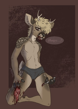 anthro blonde_hair blood blood_from_mouth blood_in_mouth bodily_fluids brown_body brown_fur clothed clothing fur gore hair kneeling male narrowed_eyes self-harm solo spotted_shoulders topless bucklucky lucky_(bucklucky) deer mammal new_world_deer white-tailed_deer full-length_portrait hi_res portrait signature trans_(lore) trans_man_(lore)
