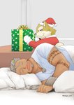 anthro clothing costume duo gift holidays male santa_costume short_stack sleeping rongjie_mini christmas lifewonders live_a_hero gomeisa procy canid canine canis domestic_dog humanoid mammal hi_res