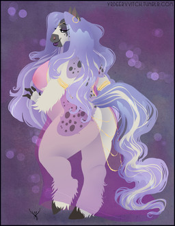 anthro biped black_border black_spots border breasts butt clothing ear_piercing ear_ring female hair hooves nipples piercing purple_background ring_piercing simple_background solo spots spotted_hair standing translucent translucent_clothing deervvitch equid equine horse mammal 2018 character_request