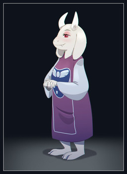 3_toes anthro barefoot clasped_hands clothing dress eyeshadow fangs feet female fur horn logo_on_clothing long_ears long_sleeve_dress makeup narrowed_eyes red_eyes side_view simple_background smile solo teeth toes white_body white_fur ruffu undertale_(series) toriel bovid caprine goat mammal digital_drawing_(artwork) digital_media_(artwork) hi_res