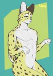 anthro countershading featureless_crotch femboy fur long_ears looking_at_viewer male pecs simple_background smug solo spots thick_thighs white_body white_fur wide_hips yellow_body yellow_eyes yellow_fur kuttzawarie uchi_(kuttzawarie) felid feline mammal serval absurd_res hi_res