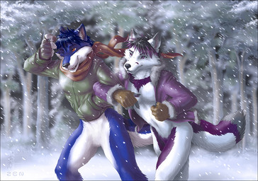 anthro black_nose blue_body blue_fur blue_hair bottomless brown_eyes claws clothed clothing detailed_background duo facial_markings fingerless_gloves fluffy forest fur gloves hair handwear head_markings jacket male markings one_eye_closed outside plant purple_eyes purple_hair red_eyes scarf short_hair snow tail topwear tree walking white_body white_fur wind wood zenthetiger canid canine canis mammal wolf 2011