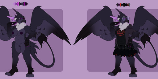 alternative_fashion anthro areola beak big_areola big_ears black_body bottomwear breasts claws clothed clothing dark_areola dark_nipples dark_vulva eyewear feathered_wings feathers female genitals glasses goth hoodie innie_vulva jewelry neck_tuft nipples nude occult_symbol purple_claws purple_eyes ring simple_background skirt slightly_chubby solo standing symbol tail topwear tuft vulva wearing_glasses wings riboo mythology valeria_rayne avian bird corvid corvus_(genus) crow gryphon hybrid mythological_avian mythological_creature oscine passerine digital_media_(artwork) hi_res model_sheet