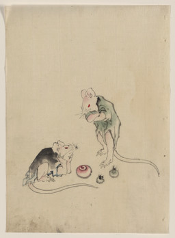 ambiguous_gender anthro arm_support biped claws clothed clothed_anthro clothing crossed_arms duo eye_contact finger_claws leaning_on_elbow long_tail looking_at_another lying on_front paws raised_foot red_eyes simple_background standing tail toe_claws whiskers katsushika_hokusai public_domain mammal mouse murid murine rodent 19th_century absurd_res ancient_art hi_res huge_filesize painting_(artwork) traditional_media_(artwork) traditional_painting_(artwork)