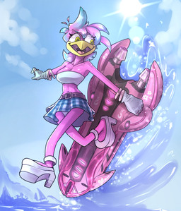 anthro breasts female female_anthro hoverboard lens_flare medium_breasts non-mammal_breasts sea sky solo sunny water water_splashes wide_hips tookiecookies sega sonic_riders sonic_the_hedgehog_(series) fan_character avian bird absurd_res hi_res