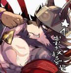 abs anthro clothing fur male mongolian mongolian_clothing muscular muscular_anthro muscular_male pecs solo tattoo text ohayashi55 lifewonders tokyo_afterschool_summoners temujin_(tas) canid canine canis mammal wolf 2018 digital_media_(artwork) japanese_text translation_request