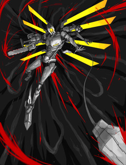 1_eye action_pose blood bodily_fluids chainsaw machine missile multi_arm multi_limb not_furry pose power_tool solo tools haydenator888 new_blood_interactive ultrakill v1_(ultrakill) robot absurd_res hi_res restricted_palette