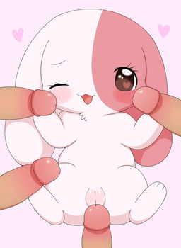 anthro blush chibi double_handjob female female_anthro fur genitals group group_sex handjob heart_eyes heart_symbol humanoid_genitalia humanoid_penis male male/female multicolored_body multicolored_fur penile penis pink_background pink_body pink_fur plump_labia semi-anthro sex simple_background two_tone_body two_tone_fur vulva young young_anthro azuo happy_happy_clover mallow_(happy_happy_clover) lagomorph leporid mammal rabbit hi_res
