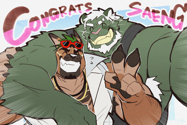 ^_^ anthro arm_around_shoulders armpit_hair barazoku beard biceps black_clothing black_hair black_pawpads black_shirt black_tank_top black_topwear body_hair brown_body brown_fur claws clothed clothing duo eyes_closed facial_hair finger_claws fur gesture goatee green_body green_fur green_highlights hair hand_gesture highlights_(coloring) male male/male muscular muscular_anthro muscular_male open_clothing open_shirt open_topwear pawpads shirt smile tank_top text topwear v_sign whiskers white_clothing white_hair white_shirt white_topwear sollyz xxl_woofia saeng wediz_(sollyz) canid canine canis dobermann domestic_dog felid mammal pantherine pinscher 2026 3:2 english_text
