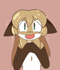 :3 anthro big_ears big_eyes blush countershade_fur countershading ears_down female fur gesture green_eyes hair hand_gesture long_hair pivoted_ears simple_background smile solo sparkles anonymous_artist conditional_dnp averi_(fiddleafox) canid canine fox mammal absurd_res hi_res