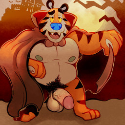 anthro armpit_hair balls barazoku big_muscles blue_nose body_hair cereal_mascot clothing countershading erection flashing fur genitals hair holidays huge_muscles humanoid_genitalia humanoid_penis looking_at_viewer male mascot muscular muscular_anthro muscular_male nipples nude obese obese_anthro obese_male open_mouth overweight overweight_anthro overweight_male pecs penis pubes simple_background smile solo stripes bowserboy101 frosted_flakes halloween kellogg's tony_the_tiger felid mammal pantherine tiger vampire absurd_res digital_media_(artwork) hi_res