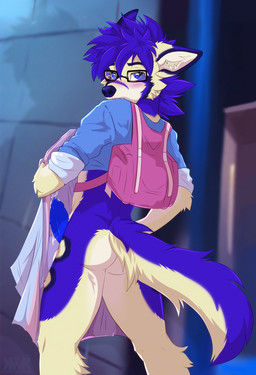 animal_genitalia animal_penis anthro backpack blue_eyes blue_penis blurred_background blush bodily_fluids bottomless butt canine_genitalia canine_penis cheek_tuft clothed clothing clothing_lift cum eyewear facial_tuft fur genital_fluids genitals glasses hair looking_at_viewer looking_back male messy_hair outside penis pink_backpack purple_body purple_fur purple_hair rear_view shirt shirt_lift solo standing tail topwear tuft wearing_glasses yellow_body yellow_fur kwik_(artist) canid canine mammal 2025 colored digital_drawing_(artwork) digital_media_(artwork) hi_res shaded