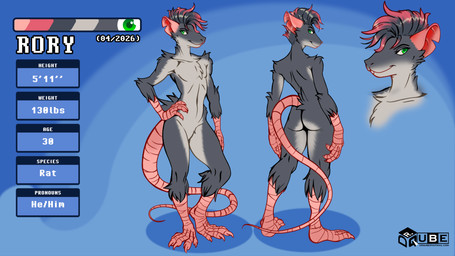 androgynous anthro black_hair femboy front_view fur green_eyes hair hand_on_hip looking_at_viewer male pink_hair rear_view safe_nudity smile smiling_at_viewer solo standing tail text white_body white_fur drqube mammal murid murine rat rodent 16:9 absurd_res hi_res model_sheet portrait widescreen