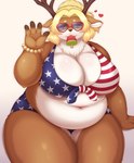 4_fingers :3 alternative_fashion american_flag american_flag_bikini anthro antlers belly big_belly big_breasts bikini biped blonde_hair blue_bottomwear blue_clothing blue_topwear bottomwear bracelet breasts brown_antlers brown_body brown_ears brown_fur brown_horn brown_nose chest_tuft cleavage clothed clothing countershade_face countershade_legs countershade_torso countershading curvy_figure deep_navel eyewear female fingerless_(marking) fingers flag flag_bikini flag_clothing flag_print flag_swimwear food front_view fruit fully_clothed fur ganguro_(fashion) gesture glistening glistening_body glistening_breasts glistening_fur gyaru hair heart_reaction heart_sunglasses heart_symbol horn huge_breasts humanoid_hands j-fashion jewelry kemono looking_at_viewer melon midriff monotone_hair mouth_hold multicolored_body multicolored_fur navel overweight overweight_anthro overweight_female pink_eyes pink_pupils plant popsicle popsicle_in_mouth print_bikini print_clothing print_swimwear pupils red_clothing red_topwear simple_background smile solo standing sunglasses swimwear thick_thighs topwear tuft two-piece_swimsuit two_tone_body two_tone_fur united_states_of_america voluptuous watermelon watermelon_popsicle watermelon_slice waving white_background white_body white_countershading white_fur white_inner_ear wide_hips shibaemonxsk deer mammal new_world_deer reindeer colored digital_media_(artwork) hi_res portrait shaded three-quarter_portrait