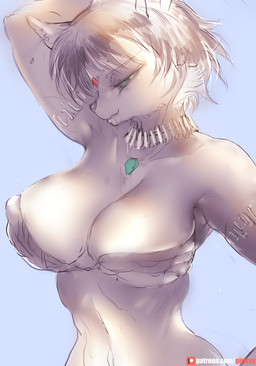 anthro breasts clothed clothing female fur fur_tuft gem hair nipple_outline patreon_logo ruby_(gem) simple_background solo text tuft girlsay nintendo patreon star_fox krystal_(star_fox) canid canine fox mammal hi_res url