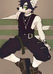 anthro armpit_hair black_clothing black_hair body_hair clothing cross cross_necklace ear_piercing ear_ring ear_stud fur green_sclera hair jewelry male neck_chain necklace piercing ring_piercing shirt solo tank_top topwear white_body white_fur sicklyhypnos canid canine mammal hi_res