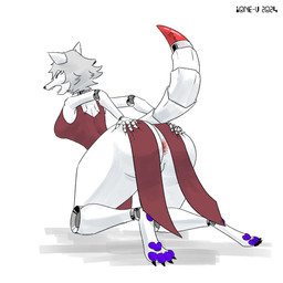 anthro anus anus_only anus_peek big_butt breasts butt cleavage cleavage_cutout clothed clothing cutout eyes_closed female grey_hair hair hand_on_butt kneeling machine open_mouth pawpads paws pelvic_curtain presenting presenting_anus raised_tail solo tail thick_thighs white_body wide_hips 10ne-v alexa_(10ne-v) canid canine fox living_machine mammal robot 1:1 hi_res
