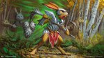 ambiguous_gender anthro armor barefoot biped birch_tree bottomwear buckteeth clothing copyright_symbol fallen_leaves feet green_magic group hat headgear headwear helmet holding_object holding_weapon leaf loincloth mace magic melee_weapon metal_armor plant shrub symbol teeth text tree trio weapon whiskers white_whiskers johan_grenier hasbro magic:_the_gathering wizards_of_the_coast lagomorph leporid mammal rabbit 16:9 2024 artist_name hi_res official_art widescreen