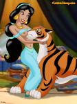 2014 3:4 bestiality big_breasts black_hair breasts clothing disney disney's_aladdin duo ear_piercing felid female female_on_feral feral hair helg human human_on_feral interspecies male male/female male_on_human mammal nipples pantherine piercing princess_jasmine_(disney) rajah_(disney) tiger yellow_eyes