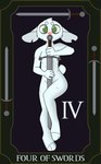 abdominal_scar anthro arm_scar border breasts card card_template circle_eyebrows convenient_censorship ears_down eyebrows facial_scar female female_anthro fortune_telling four_of_swords_(tarot) fur green_border green_eyes hand_scar hindpaw holding_melee_weapon holding_object holding_sword holding_weapon leg_scar looking_at_viewer melee_weapon minor_arcana neck_scar notched_ear nude paws pink_nose pivoted_ears plantigrade roman_numeral scar scars_all_over scut_tail short_tail simple_background solo sword swords_(tarot) tail tarot tarot_card text weapon white_body white_eyebrows white_fur white_text sleepysheepy17 elden_ring fromsoftware fan_character tarnie_(sleepysheepy17) lagomorph leporid mammal rabbit 2023 absurd_res adobe_photoshop_(artwork) digital_drawing_(artwork) digital_media_(artwork) english_text hi_res shaded soft_shading