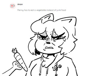 anthro ask_blog carrot chest_tuft clothed clothing cutlery disgust female food fork hair hoodie kitchen_utensils looking_at_viewer narrowed_eyes plant short_hair simple_background solo squint text tools topwear tuft vegetable white_background anaugi penny_(anaugi) domestic_cat felid feline felis mammal 2020 english_text sketch