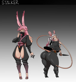 big_butt biped black_clothing blush butt clothed clothing duo female flat_chested hair holding_object holding_weapon huge_butt kunai pink_hair ponytail pupils ranged_weapon shuriken smile text thick_thighs weapon nuclearwasabi animal_humanoid humanoid lagomorph lagomorph_humanoid leporid_humanoid mammal mammal_humanoid mouse_humanoid murid murid_humanoid murine murine_humanoid rabbit_humanoid rodent rodent_humanoid absurd_res hi_res