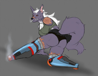amputee anthro big_breasts breasts butt butt_focus disability female gun gun_leg mechanical_leg missing_arm prosthetic ranged_weapon scar smoke solo weapon dxm8 canid canine mammal hi_res