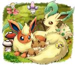 ambiguous_gender black_nose canid canine daww dipstick_ears dipstick_tail eevee eeveelution eyes_closed feral flabebe flareon foongus generation_1_pokemon generation_3_pokemon generation_4_pokemon generation_5_pokemon generation_6_pokemon generation_7_pokemon grass group joltik leafeon mammal markings morelull multicolored_ears multicolored_tail nintendo plant pokeball pokemoa pokemon pokemon_(species) red_flower_flabebe shroomish tail tail_markings young young_ambiguous young_feral