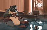 anthro bathing brown_body brown_fur casual_nudity claws duo eyes_closed facial_piercing feet finger_claws fingers fur grey_body grey_fur hair hand_on_shoulder head_on_head hot_spring leaning_on_another male male/male neck_tuft nipples nose_piercing nose_ring nude onsen partially_submerged piercing relaxing ring_piercing sitting sitting_between_legs slightly_chubby snaggle_tooth spots steam tan_body tan_fur toe_claws toes tuft tusks water wood russell_allen ambiguous_species gulonine hyena mammal mustelid musteline spotted_hyena wolverine 2023 digital_media_(artwork) hi_res signature