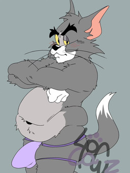 anthro belly black_eyebrows blue_background blush blush_lines bulge clothing countershade_torso countershading dipstick_tail eyebrows fur grey_body grey_countershading grey_fur jockstrap looking_at_viewer male markings navel overweight overweight_male simple_background slightly_chubby solo tail tail_markings thick_eyebrows underwear whiskers yellow_sclera lionclawzz metro-goldwyn-mayer tom_and_jerry thomas_cat domestic_cat felid feline felis mammal hi_res