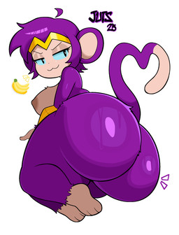 anthro big_breasts big_butt biped breasts butt eyebrows eyelashes female fur hair huge_butt looking_back mouth_closed nipples pupils purple_body purple_fur simple_background smile solo tail thick_thighs three-quarter_view jutsapostion shantae_(monkey_form) haplorhine mammal monkey primate absurd_res hi_res