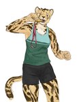 anthro athletic athletic_anthro athletic_female biped bite biting_object bottomwear breasts clothed clothing female fur gold_(metal) gold_medal holding_object medal one_eye_closed shirt shorts simple_background slim small_breasts solo standing striped_body stripes tail tank_top topwear white_background wink yellow_body yellow_fur cettus elaina_(chonkcatcentral) cheetah felid feline king_cheetah mammal 2022