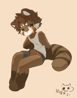 anthro arm_support balls blush bottomwear brown_body brown_fur brown_hair brown_markings clothed clothing eyebrows foreskin fur genitals green_eyes hair half-erect humanoid_genitalia humanoid_penis kemono looking_away male markings no_underwear open_mouth penis presenting presenting_penis shirt short_hair shorts simple_background sitting solo tail topwear white_clothing white_eyebrows white_markings white_shirt white_topwear young young_male jidebuxiao mammal procyonid raccoon colored digital_drawing_(artwork) digital_media_(artwork) hi_res shaded