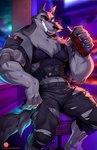 abs alcohol anthro beer beverage biceps claws clothing drinking jacket male muscular muscular_male pub red_sclera sitting smile solo teeth topwear torn_clothing patto helluva_boss mythology vortex_(helluva_boss) canid canid_demon canine canis demon domestic_dog hellhound mammal mythological_canine mythological_creature wolf 2024 hi_res