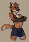 5_fingers anthro black_nose brown_body brown_fur brown_hair clothed clothing fingers fur hair male smile solo topless gonewiththefart canid canine canis coyote mammal digital_media_(artwork)