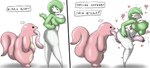 ambiguous_gender anthro big_tongue biped bodily_fluids breasts cunnilingus duo female genital_fluids green_body heart_symbol oral pink_body saliva sex side_view text tongue tongue_out vaginal vaginal_fluids white_body enigi09 nintendo pokemon gardevoir generation_1_pokemon generation_3_pokemon humanoid lickitung pokemon_(species) absurd_res comic hi_res japanese_text translation_request