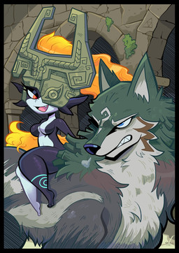 5_fingers angry anthro bedroom_eyes big_butt black_body black_fur black_nose black_skin blue_eyes bodily_fluids breasts butt cheek_tuft clothing cute_fangs duo facial_tuft fangs featureless_breasts female feral fingers fur glistening glistening_butt hair headgear headwear looking_at_another male markings multicolored_body multicolored_fur multicolored_skin narrowed_eyes pointy_ears riding_on_back ruins seductive simple_background small_breasts smile smug_grin teeth tuft white_background white_body white_fur white_skin wolfang_fh nintendo the_legend_of_zelda twilight_princess link_(wolf_form) midna canid canine canis humanoid mammal twili wolf hi_res