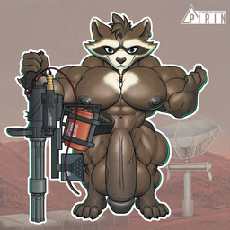 anthro balls beard biceps big_balls big_muscles big_penis black_eyes black_nose brown_body brown_fur claws ear_piercing ear_ring facial_hair fist fur gatling_gun genitals glans gun holding_object holding_weapon huge_balls huge_muscles huge_penis humanoid_genitalia humanoid_penis hyper hyper_balls hyper_genitalia hyper_penis looking_at_viewer machine_gun male minigun mohawk muscular muscular_male navel nipples nude pecs penis photo_background piercing ranged_weapon ring_piercing smile solo standing trapezius vein veiny_penis weapon pirin-apex guardians_of_the_galaxy marvel rocket_raccoon mammal procyonid raccoon 1:1 digital_drawing_(artwork) digital_media_(artwork) hi_res mixed_media photography_(artwork)