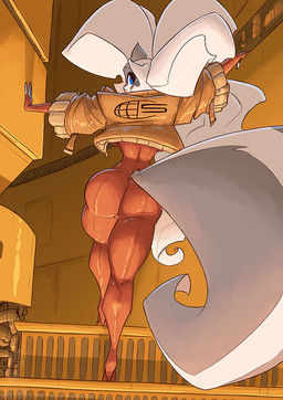 anthro big_butt biped blue_eyes breasts butt clothed clothing detailed_background eyelashes female fingers fluffy fluffy_tail grey_body hair inside looking_at_viewer looking_back orange_clothing pupils solo tail thick_thighs white_hair wide_hips conditional_dnp jollyjack chloe_sinclaire mammal mephitid skunk 2026