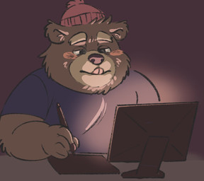 anthro blush brown_body brown_fur brown_nose clothing computer electronics fur hat headgear headwear humanoid_hands kemono male monitor shirt simple_background sitting slightly_chubby solo topwear 223igarashi bear mammal 2022 hi_res