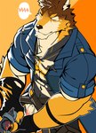 anthro barrel_(live_a_hero) blush canid canine canis clothing countershading dingding_(artist) fingerless_gloves flaccid genitals gloves handwear hi_res lifewonders live_a_hero male mammal muscular muscular_anthro muscular_male penis solo superhero torn_clothing wolf