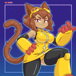 anthro arm_tuft breasts brown_body brown_hair clothing eyebrows eyelashes eyewear eyewear_on_head fangs female goggles goggles_on_head hair hand_on_hip inner_ear_fluff one_fang panties red_eyes shoulder_tuft solo teeth tuft underwear whiskers rioloin gameoverse glitch_productions kit_bodega domestic_cat felid feline felis mammal 1:1 2026 hi_res