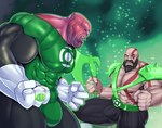 abs absurd_res alien armor axe barazoku beard big_pecs black_bottomwear black_clothing black_pants bottomwear bulge clothed clothing constructs detailed_bulge duo facial_hair god_of_war green_lantern green_lantern_(series) hi_res human humanoid kilowog kratos male male/male mammal muscular muscular_humanoid muscular_male nipples not_furry pants pecs robertsilva sony_corporation sony_interactive_entertainment